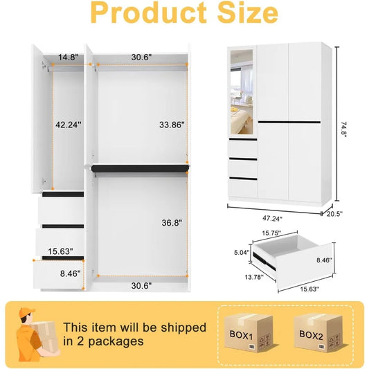 5 Doors Armoire Wardrobe Closet with 3 Drawers & Mirror, Wooden Bedroom Armoires w