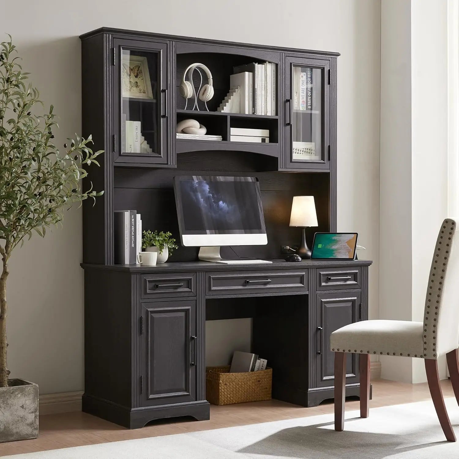 JXQTLINGMU Farmhouse 76" Height Computer Office Desk with Hutch Charging Station Drawers Storage Cabinet Workstation Home