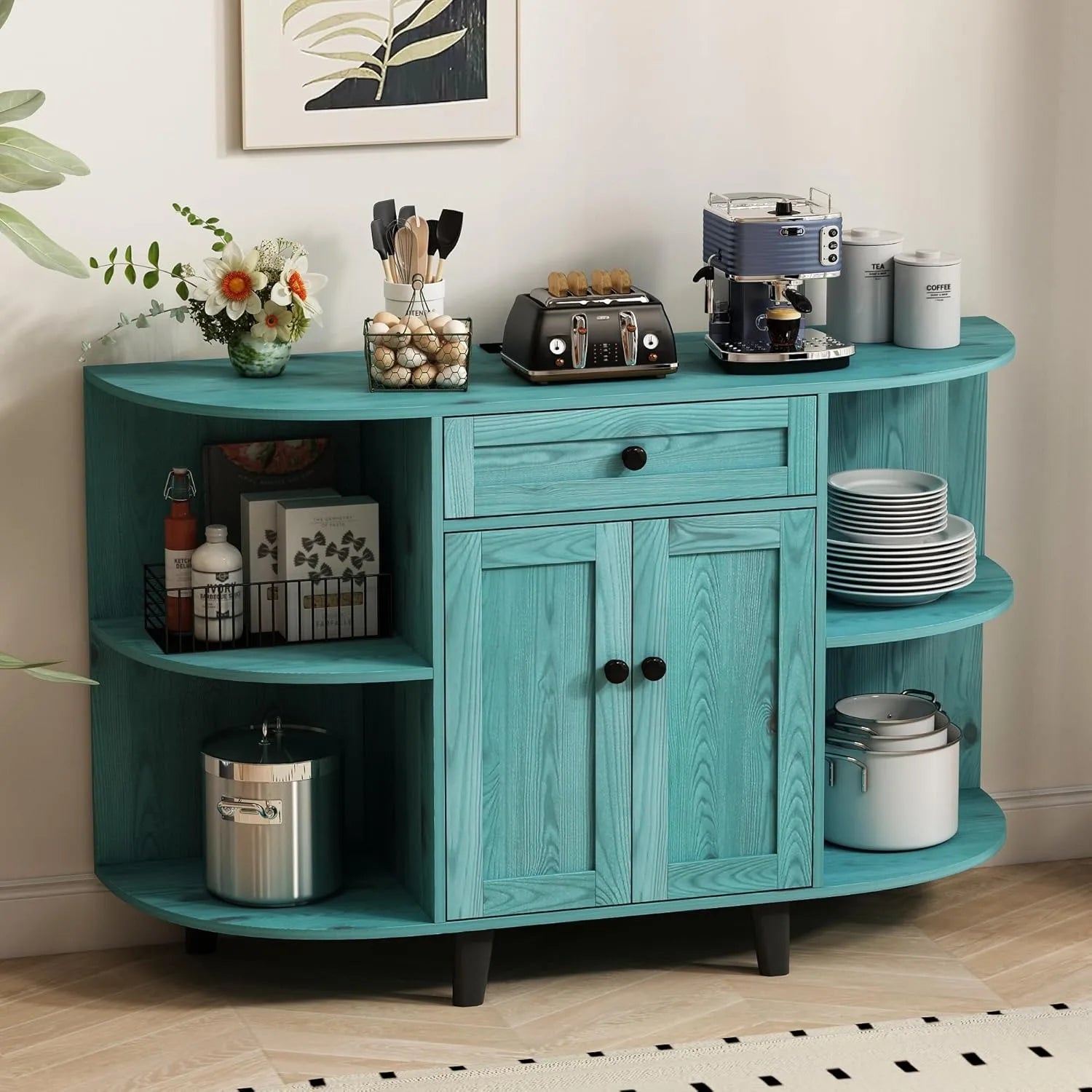 Sideboard Buffet Cabinet w/ Power Outlet,Freestanding Kitchen Cabinet with Storage,Accent Coffee Bar with Doors,Vintage Blue
