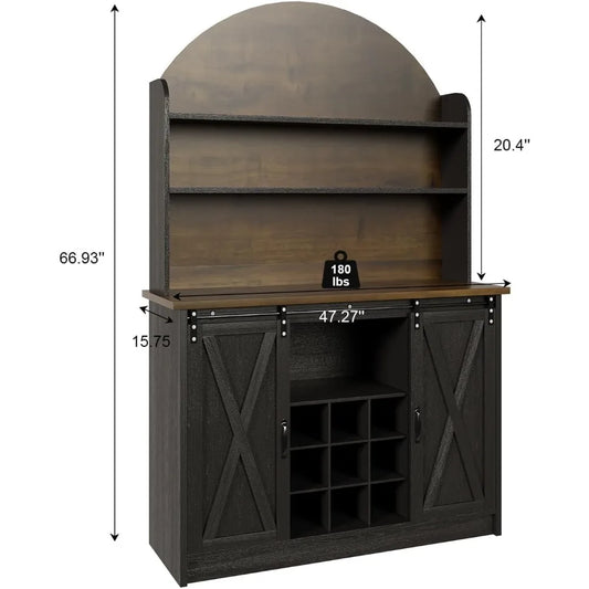 Farmhosue Coffee Bar Cabinet with Open Shelf, 67" Black Coffee Bar with Hutch & Wine Rack, Arched Cabinet with Storage