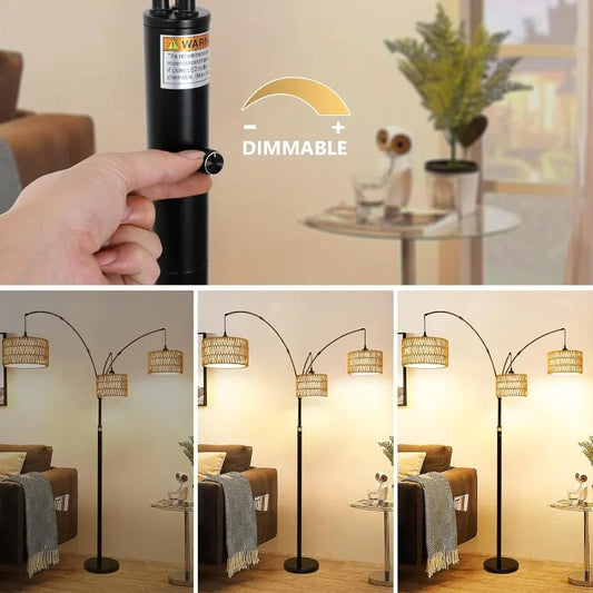Black Arc Floor Lamps - Dimmable Tall Lamp with Rattan Shades, Suitable for Living Room, Bedroom, Office