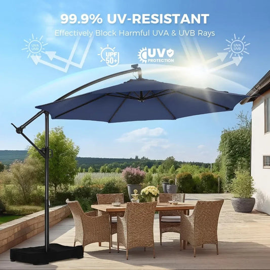 10ft Solar Lights Patio Umbrella W/Light and Base, Patio Outdoor Market Umbrella UPF50+ UV Protection with Easy Tilt and Crank