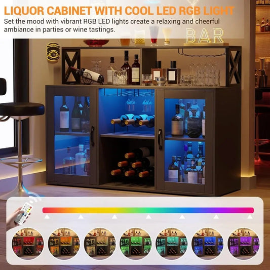 Bar Cabinet with LED Light, Liquor Cabinet with Power Outlets & Glass Holder, Wine Cabinet with Storage, Liquor Bar Cabinet