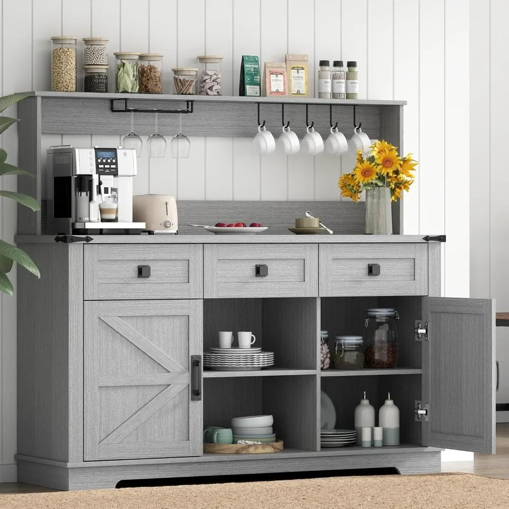 Farmhouse Bar Cabinet with Hutch, Kitchen Buffet Cabinet with Storage Cabinet & 3 Sliding Drawers, Adjustable Shelf