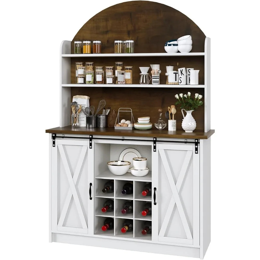 Arched Pantry Cabinet with Open Shelf, Tall Kitchen Pantry Storage Cabinet with Sliding Barn Doors, Farmhouse Kitchen Hutch Cab