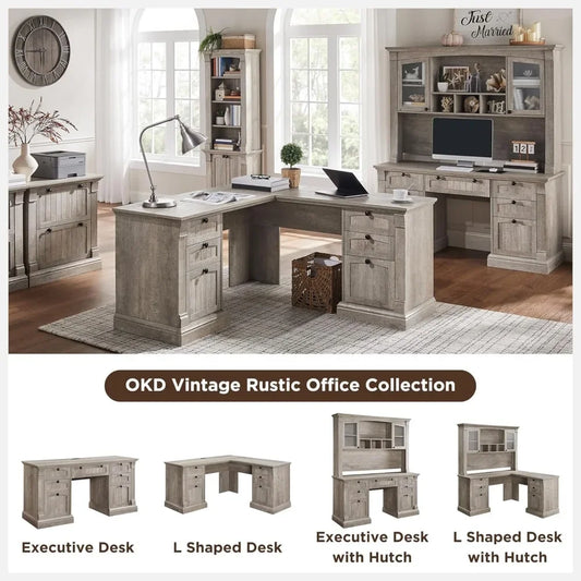 60" L Shaped Executive Desk with Hutch and Drawers,  Home Office Desk with Charging Station, File Cabinet Storage,