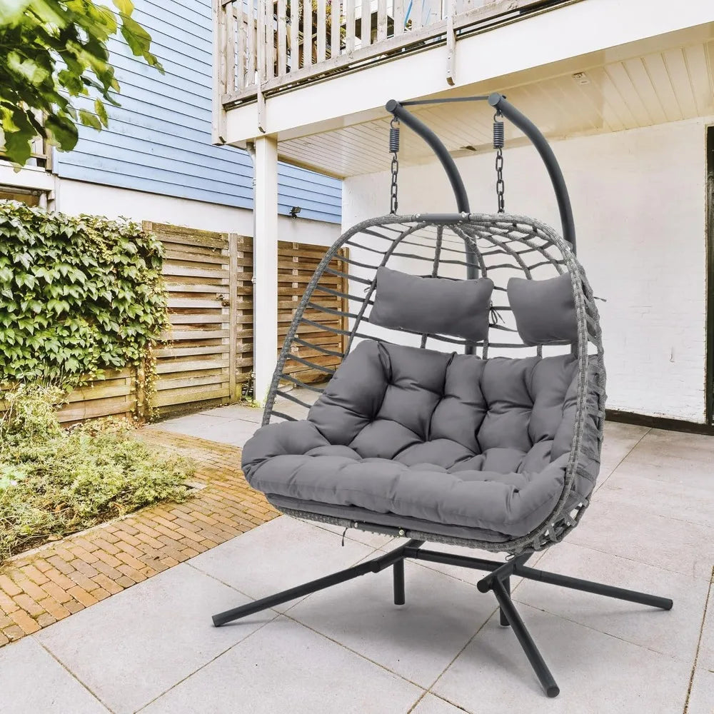 Double Egg Chair Swing with Stand, Oversized Hand-Woven Wicker Rattan 2-Person Egg Chairs for Outdoor Indoor, Hanging Egg Chair