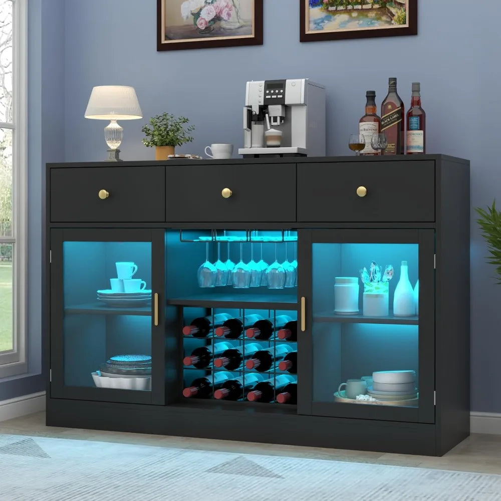 Wine Bar Cabinet with LED Light, Home Coffee Cabinet with Wine and Glass Rack, Kitchen Buffet Sideboard with Storage Drawers & A