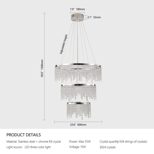 23.6-inch Crystal Chandelier, Dimmable Led Ceiling Lamp, Adjustable Color Temperature 3000K/4000K/6000K, Height Adjustable, Luxury Round Chandelier Arrival 6-10 days