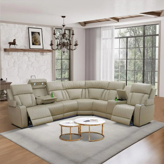 Power Reclining Sectional Sofa, Living Room Furniture Set with USB Chargers and Storage Console, Leather Recliner Sofa