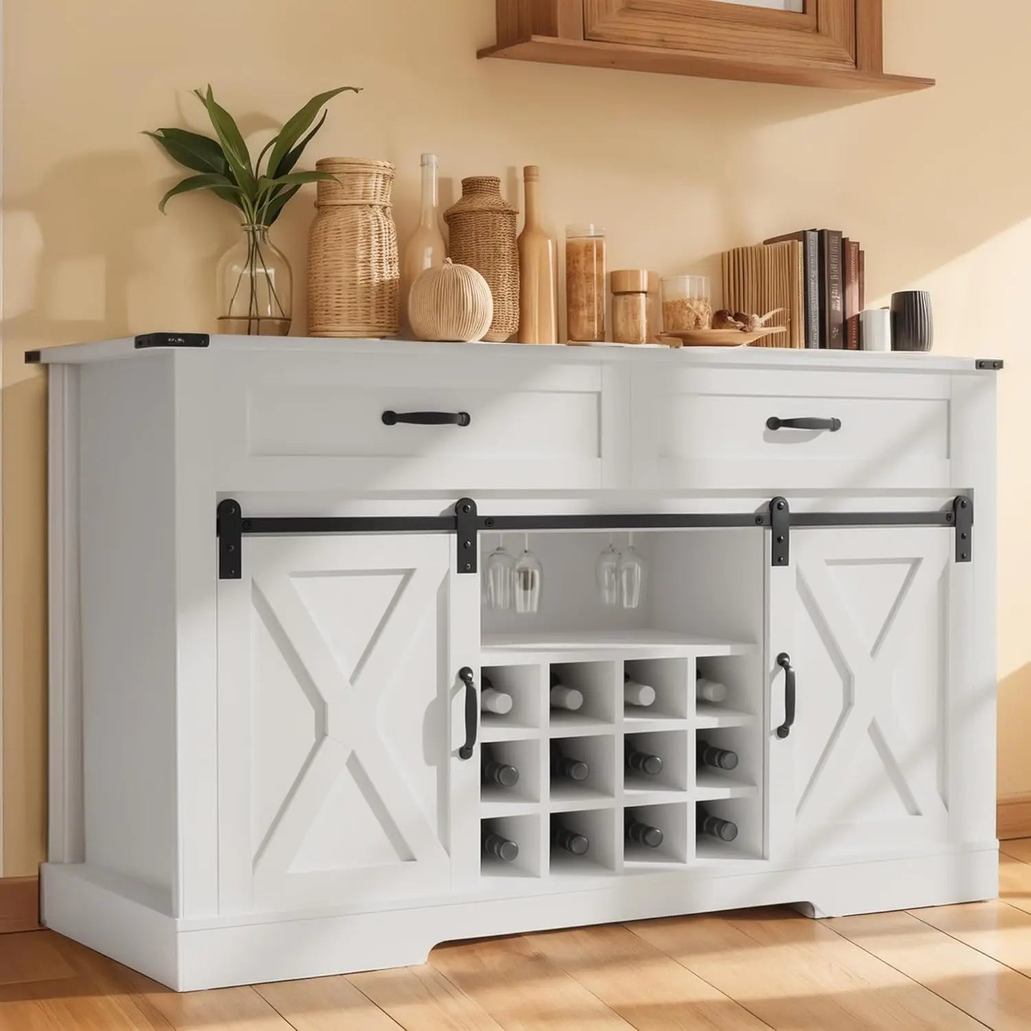 Coffee Bar Cabinet, Farmhouse Sideboard Buffet Table with Storage, Wood Credenza Console Cabinet with Doors and Shelves
