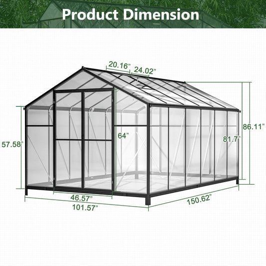 8' x 12' Outdoor greenhouse, heavy duty polycarbonate greenhouse, large walk-in greenhouse with double doors and two