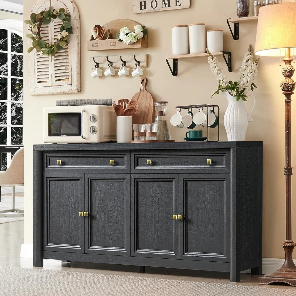 Farmhouse Buffet Cabinet with Drawers, Large Sideboard Buffet Credenza Storage Cabinet with Shelves & 4 Doors, Wood Rustic