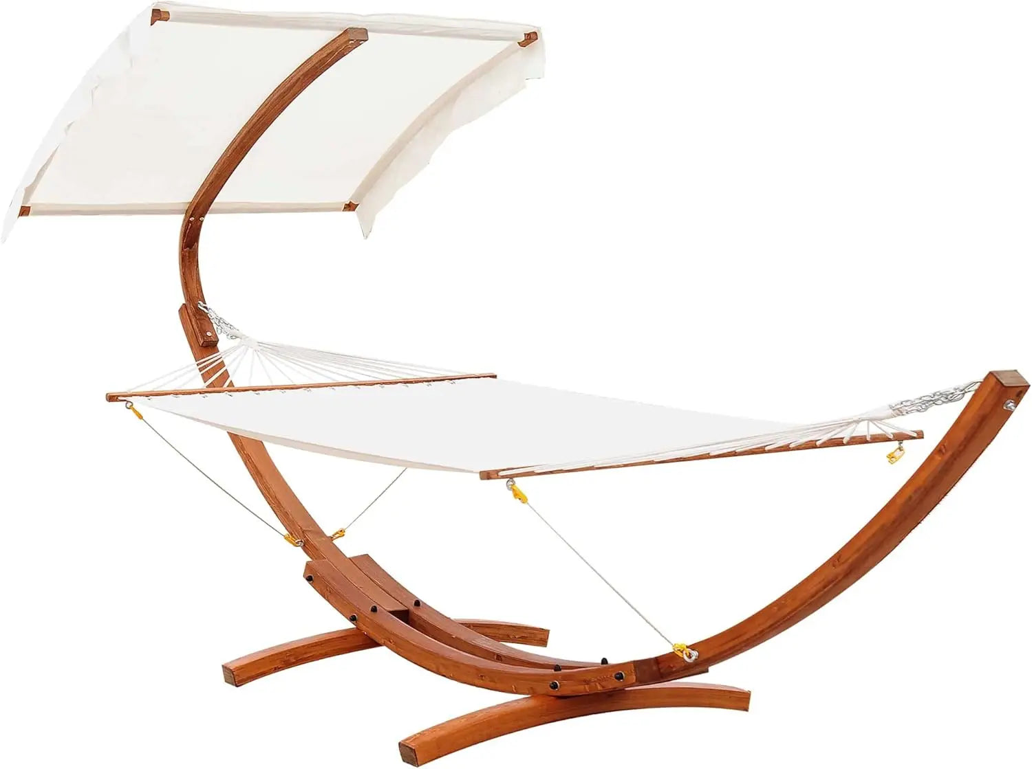13FT Wooden Arc Hammock with Canopy, Outdoor Hammock Bed with Wood Arc Stand for Patio Balcony Garden Backyard, White